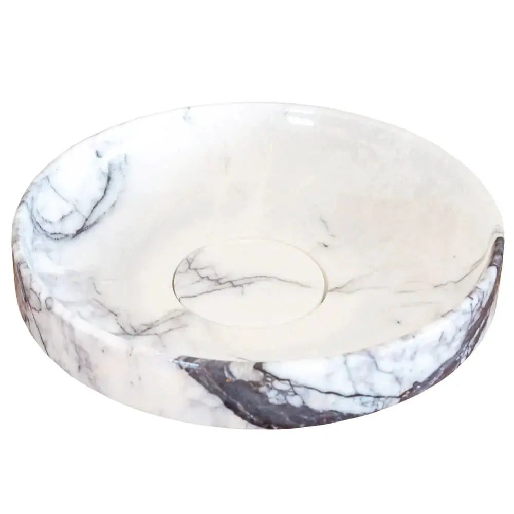 New York Marble natural stone round bathroom vanity sink, polished white with gray veining, 15.5 in diameter.