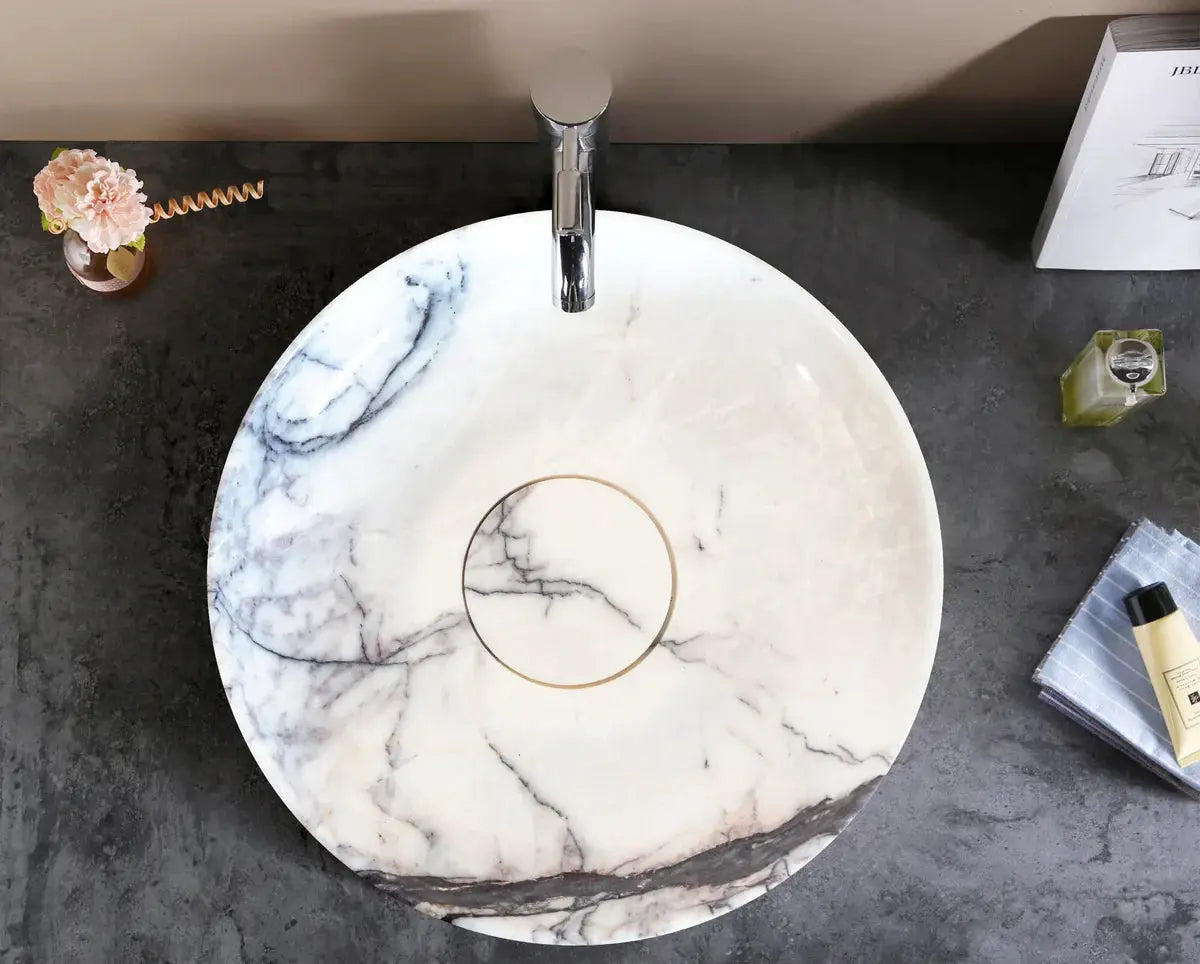 Villohome New York Marble round vessel bathroom sink, polished natural stone with gray veining, 15.5 dia x 4.5 high.