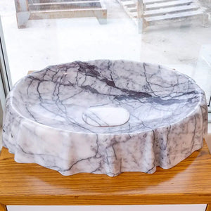 New York Marble Designer Vessel Sink by Villohome, polished white marble with bold gray veining, bathroom stone sink.