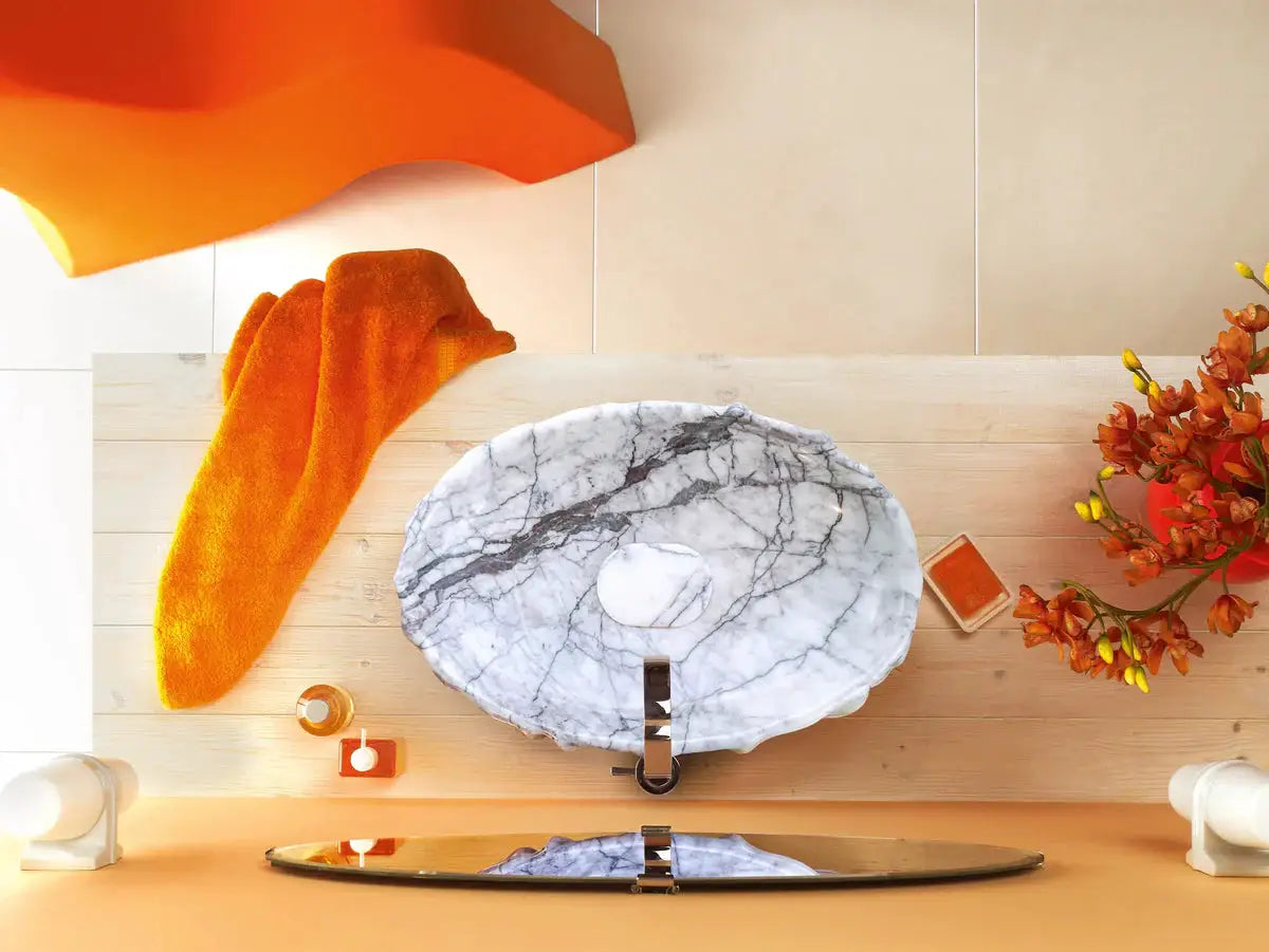 New York Marble Designer vessel sink, polished grey-white marble by Villohome for bathroom vanity