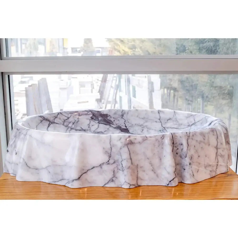 New York Marble designer vessel sink by Villohome, white polished marble with gray veining for above-vanity bathroom