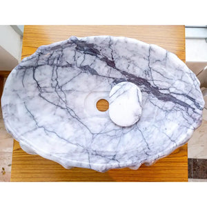 New York Marble designer bathroom vessel sink by Villohome, polished white marble with dark gray veining.