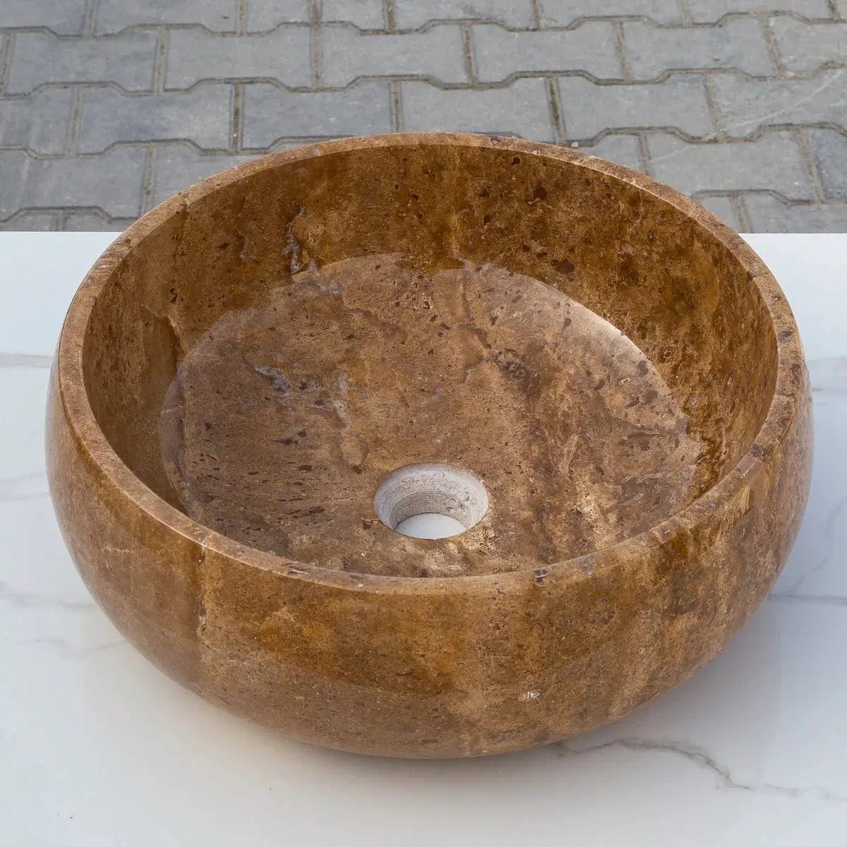 Villohome Noce Brown travertine stone bathroom vanity sink, round polished