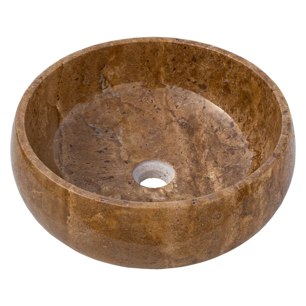 Noce Brown Travertine round bathroom sink by Villohome; above-counter vanity basin, 16-inch diameter