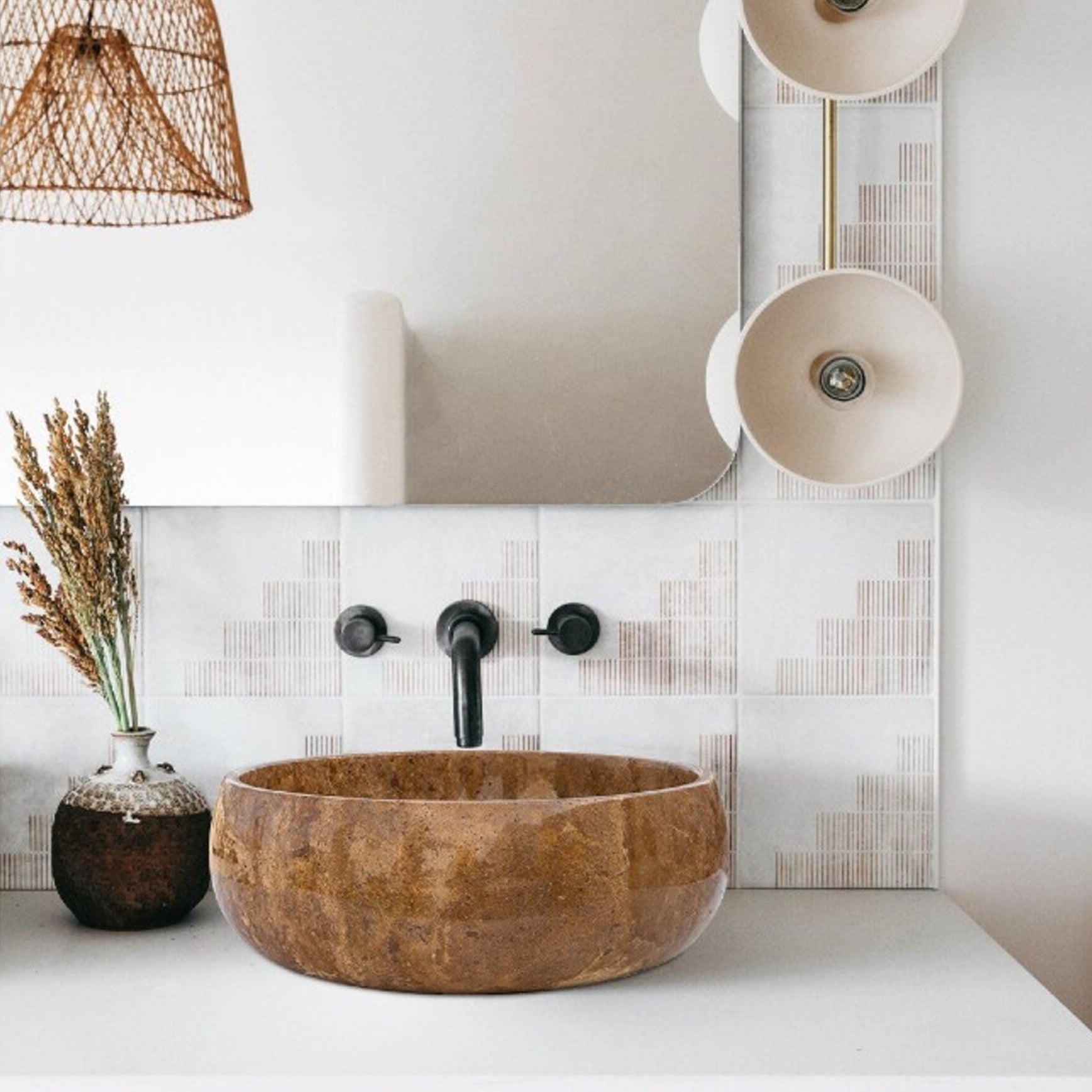Villohome Noce Brown travertine stone bathroom sink, above-counter vessel, polished 16-inch diameter