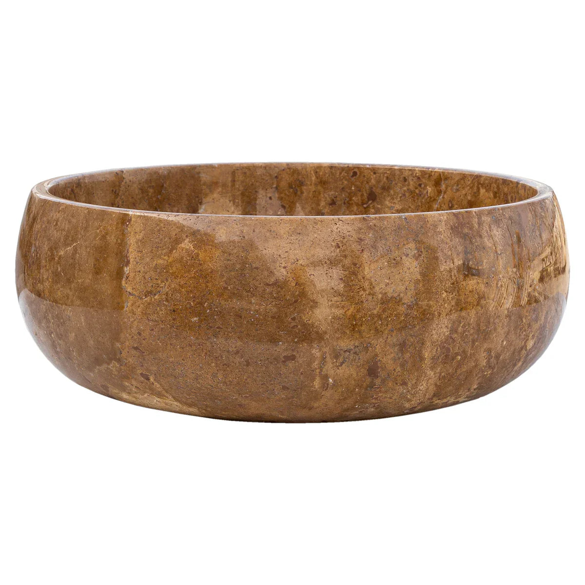 Noce Brown travertine round above-counter bathroom sink by Villohome, polished, 16in diameter