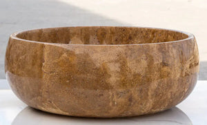 Noce Brown Travertine bathroom sink, round above-counter vessel, polished finish