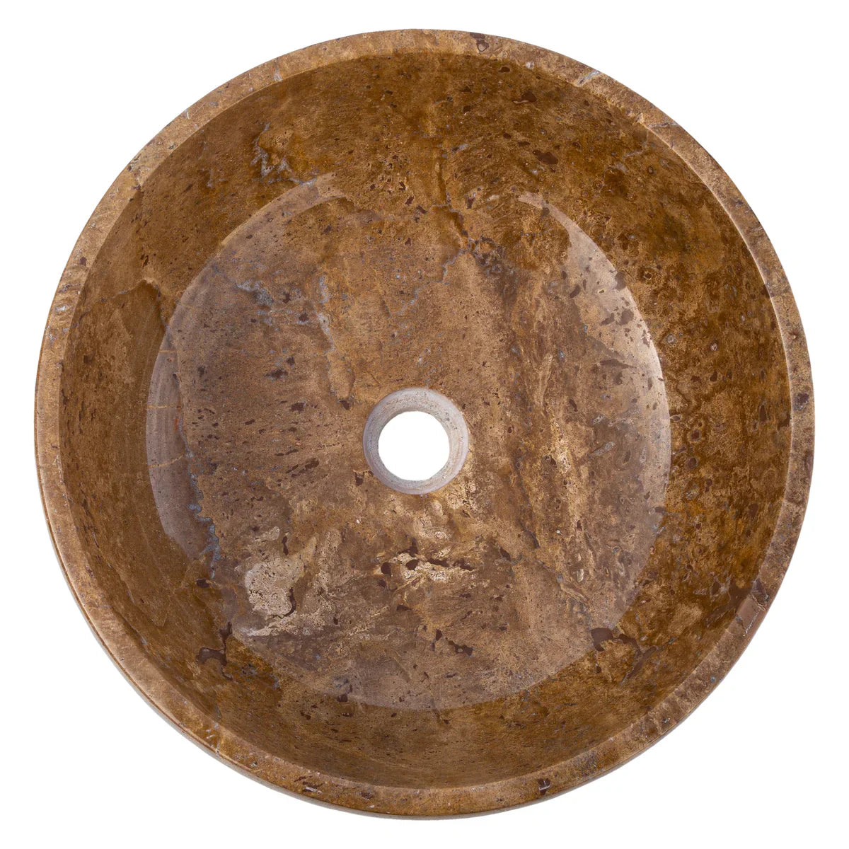 Stone sink Villohome Noce Brown travertine, round 16-in diameter above-counter bathroom basin, polished