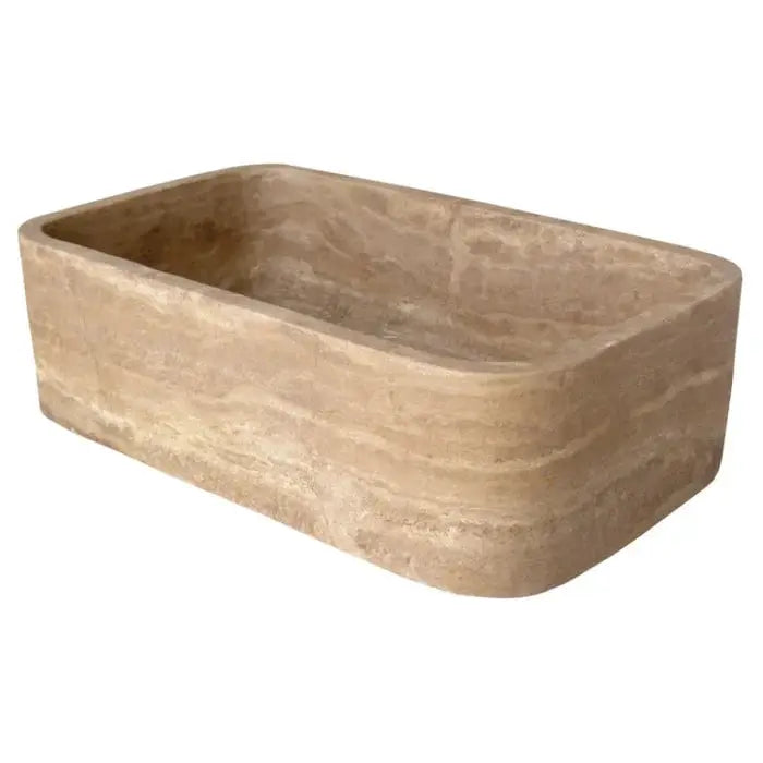 Noce Brown Travertine farmhouse apron kitchen sink, hand-carved stone basin