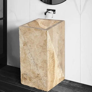 Villohome Walnut Travertine pedestal sink, standalone rectangular prism, 14W x 21.5L x 33.5H, honed.