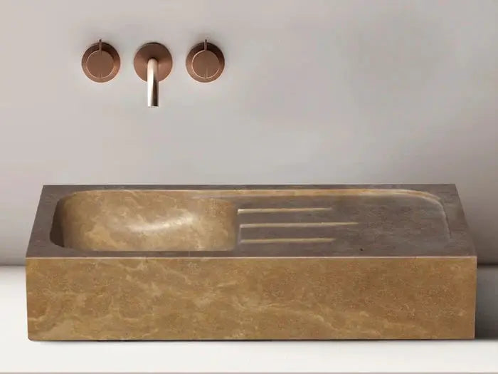 Noce Brown Travertine Rectangular Farmhouse Sink; travertine stone bathroom sink with built-in drainage grooves.