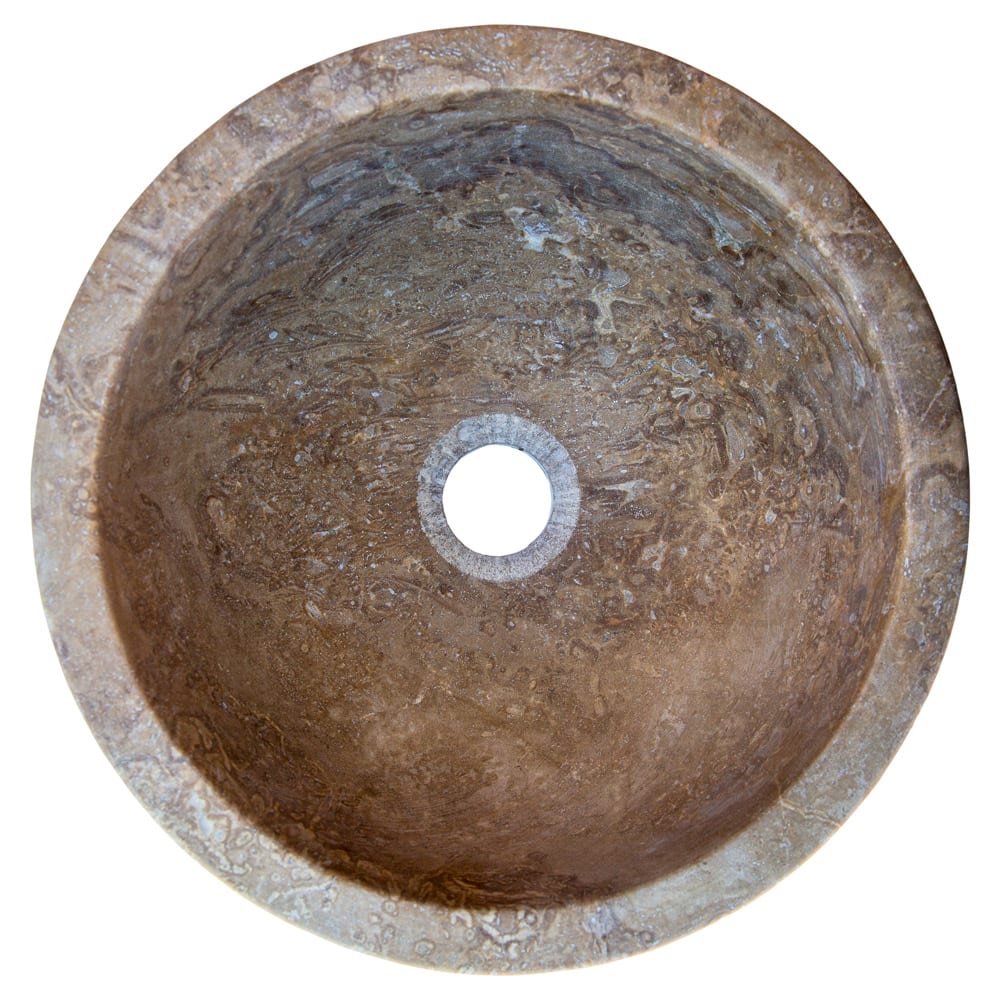 Villohome Noce Brown Travertine round stone bathroom sink, 12.5 in diameter, 6 in height