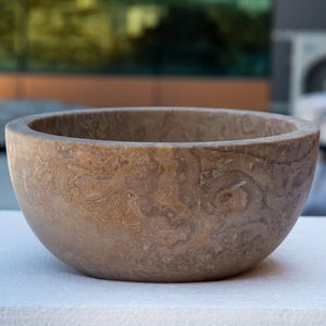 Villohome Noce Brown travertine round above-counter bathroom sink, natural stone vanity basin, 12.5-in diameter, 6-in height