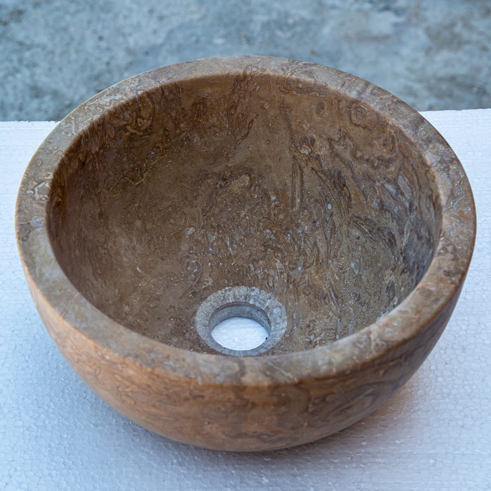 Noce Brown Travertine round vanity bathroom sink, natural stone, 12.5 in diameter.