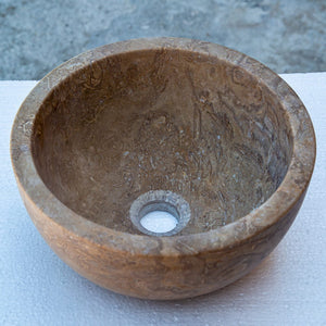Noce Brown Travertine round vanity bathroom sink, natural stone, 12.5 in diameter.