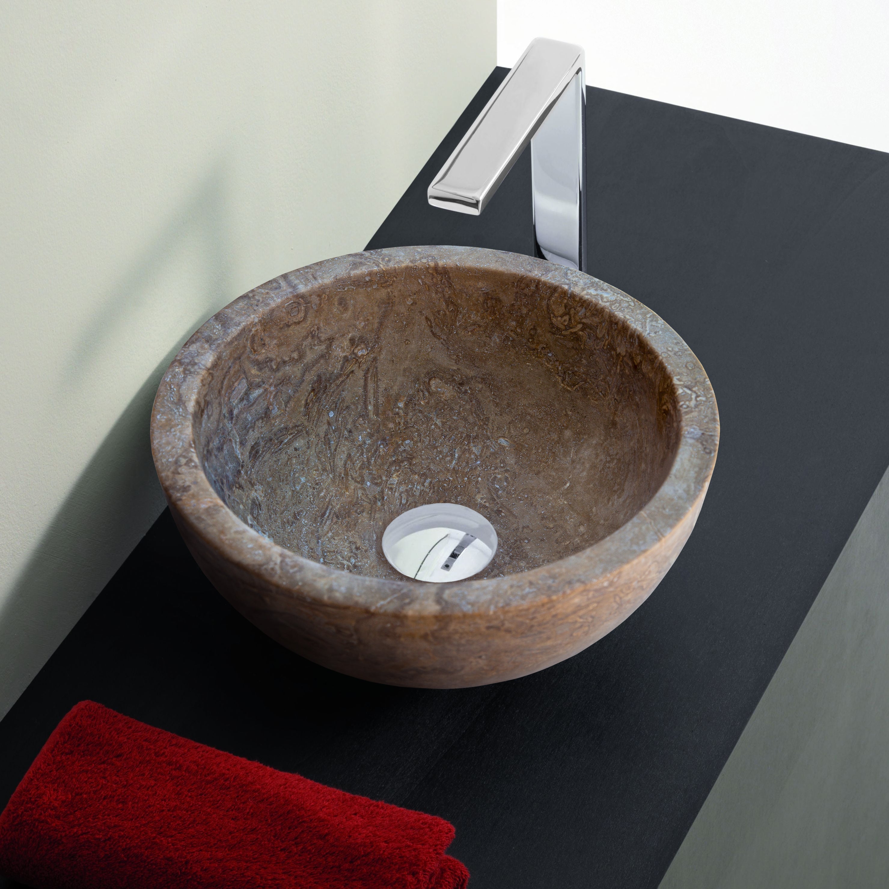 Noce Brown travertine round above-counter vanity sink, natural stone, 12.5 in dia