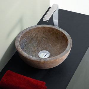 Noce Brown travertine round above-counter vanity sink, natural stone, 12.5 in dia