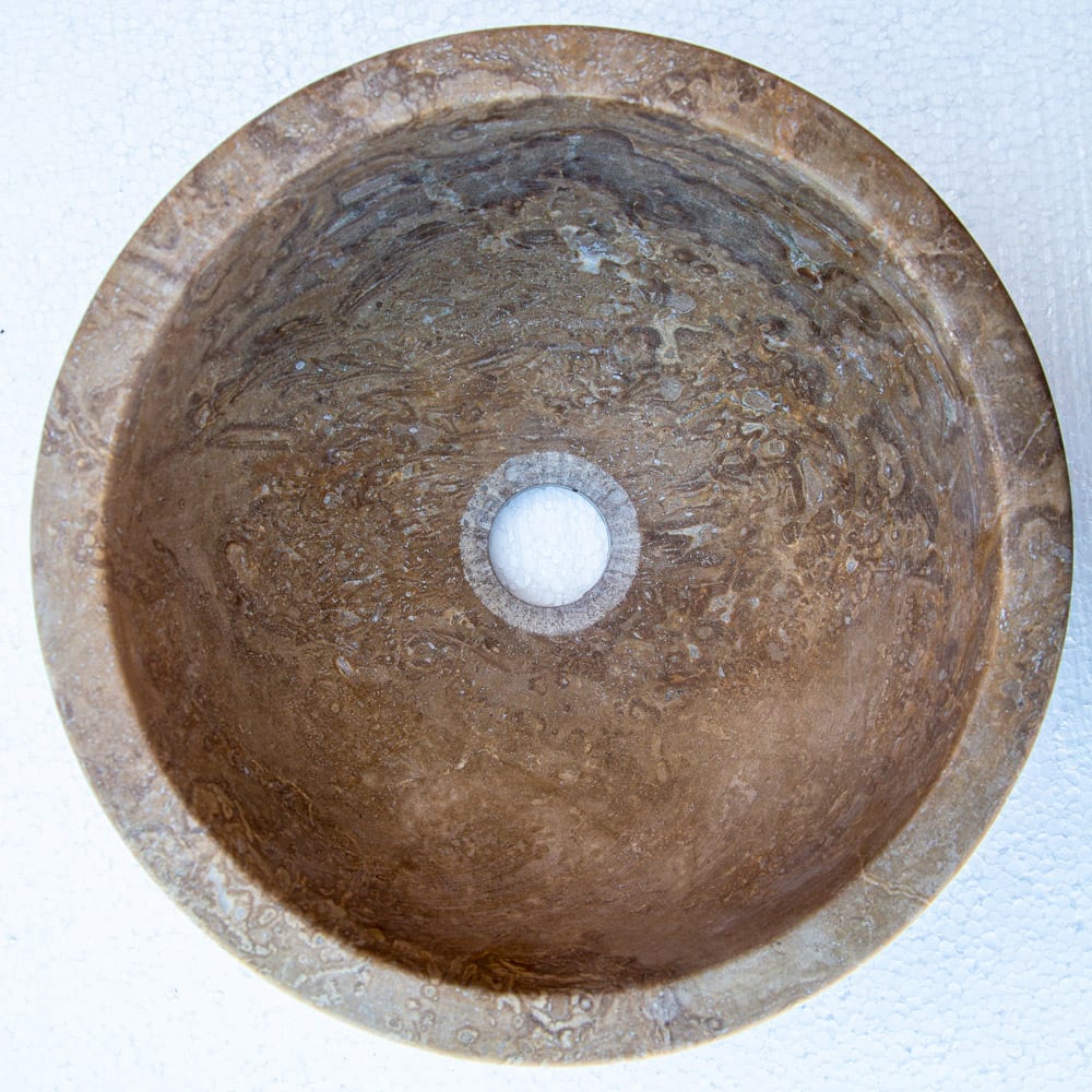 Villohome Noce Brown travertine round vanity sink, natural stone, 12.5-inch diameter
