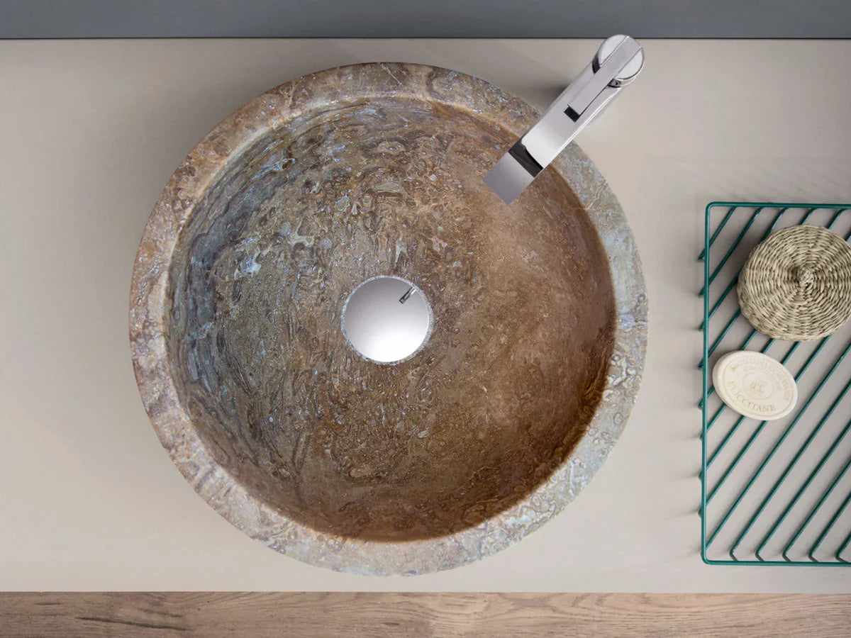 Noce Brown Travertine round above-counter bathroom sink by Villohome with chrome faucet