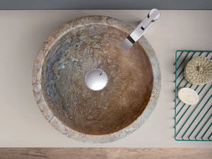 Noce Brown Travertine round above-counter bathroom sink by Villohome with chrome faucet