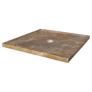 Noce Brown Travertine Square Shower Base by Villohome, 36x36 inches, hand-carved from solid travertine.