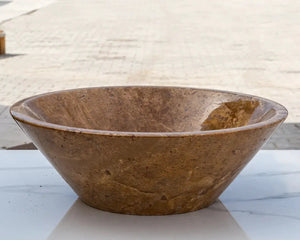 Noce Brown travertine bathroom vessel sink, 16-inch diameter, above-counter vanity bowl.