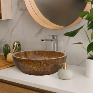 Villohome Noce Brown Travertine stone vanity vessel sink, polished brown bowl