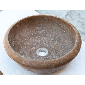Noce Brown Travertine round bathroom sink; natural stone vessel for above-vanity or drop-in, drain hole visible