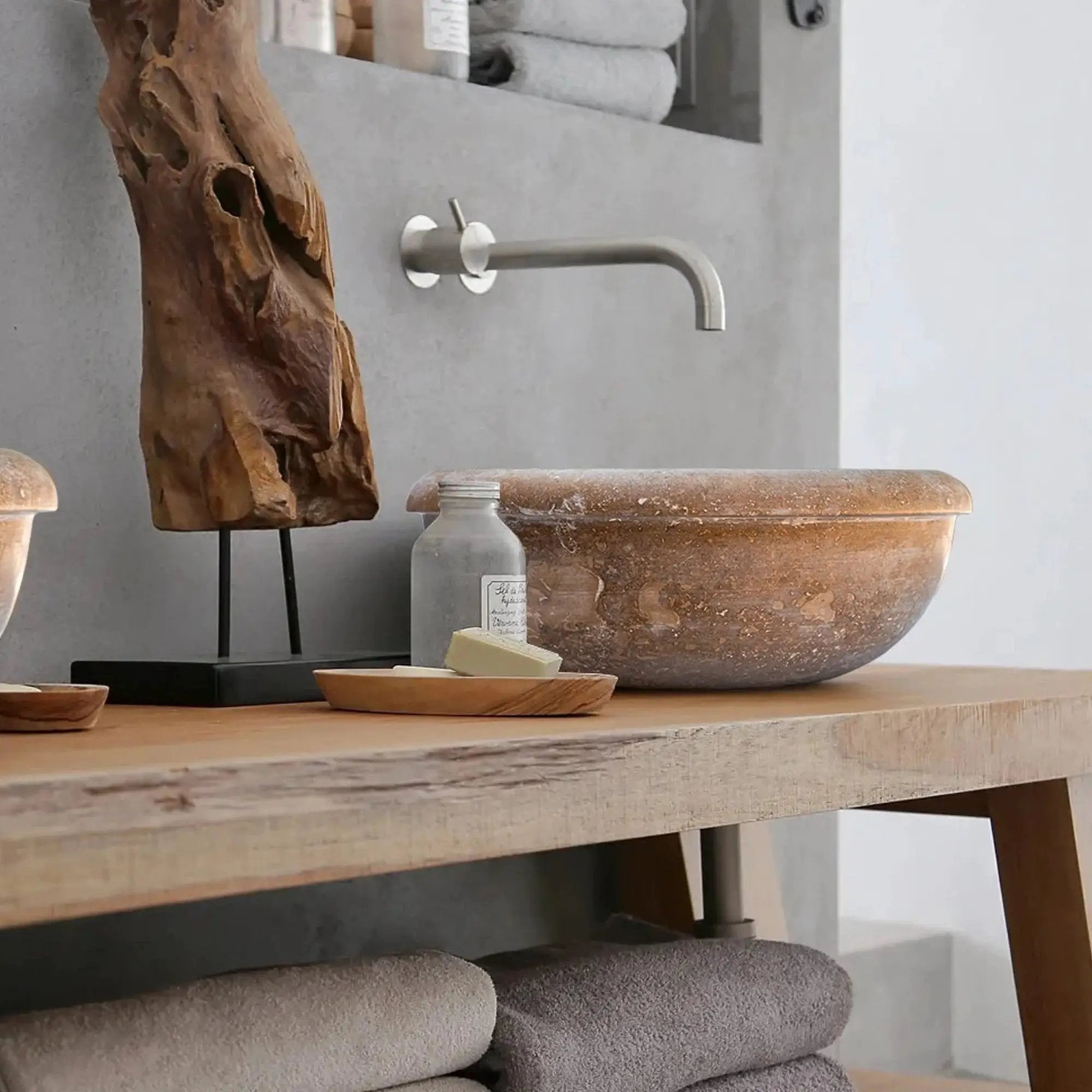 Noce Brown Travertine bathroom sink by Villohome; above-vanity stone basin on wood with wall-mounted faucet.