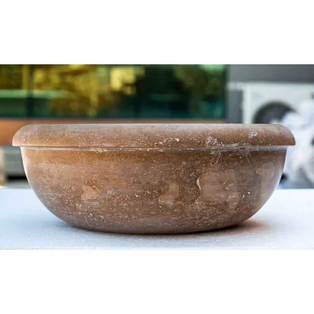 Villohome Noce Brown travertine bathroom stone sink bowl, 16-inch diameter for above-vanity or drop-in installation