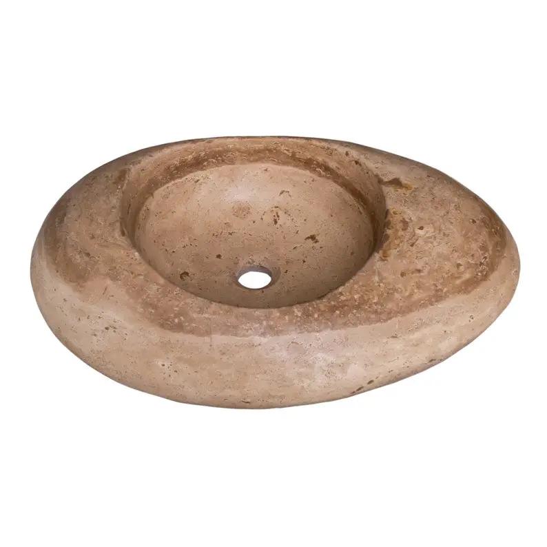 Villohome Noce Travertine bathroom vessel sink, kayak-design natural stone in beige-brown.
