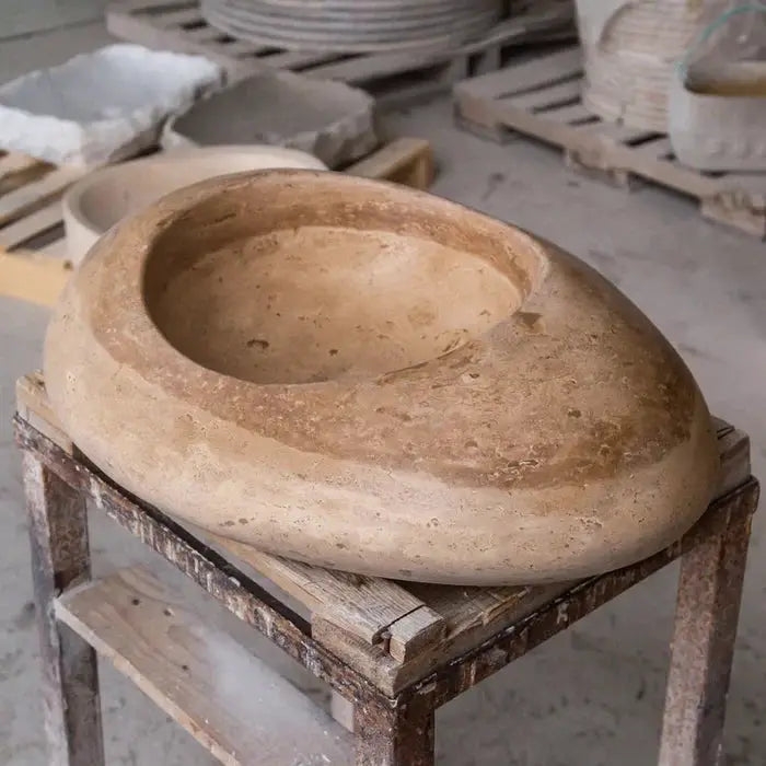 Noce Travertine natural stone kayak-design above-vanity bathroom vessel sink on a wooden stand