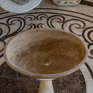 Noce Brown Travertine oval bathroom sink by Villohome; natural stone vessel