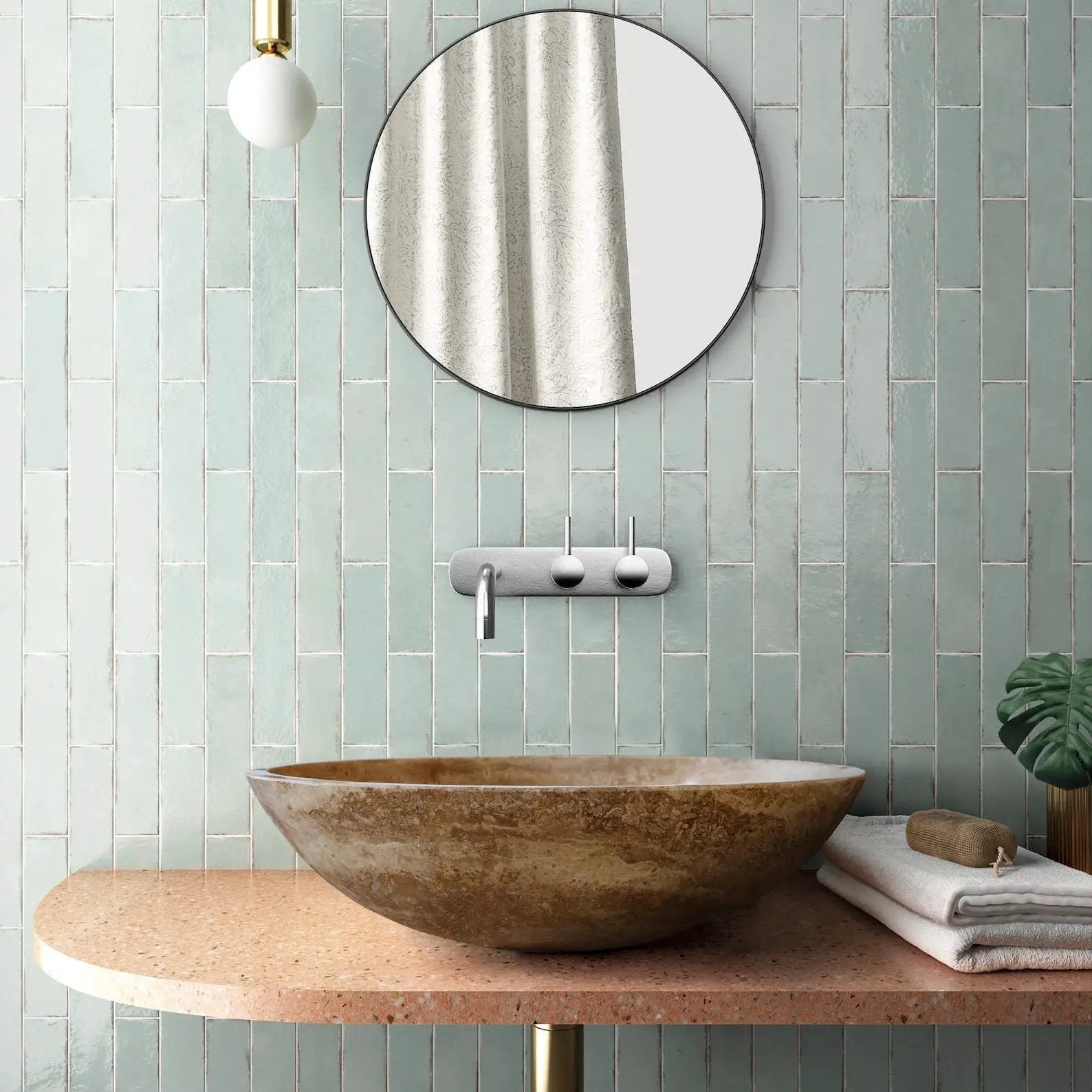 Villohome Noce Brown Travertine natural stone oval above-counter bathroom sink