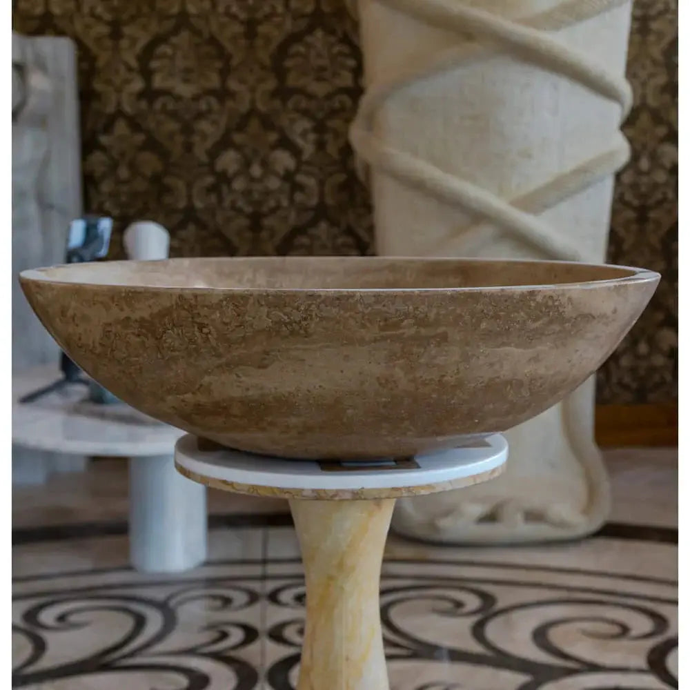 Noce Brown travertine oval bathroom sink on pedestal base, Villohome