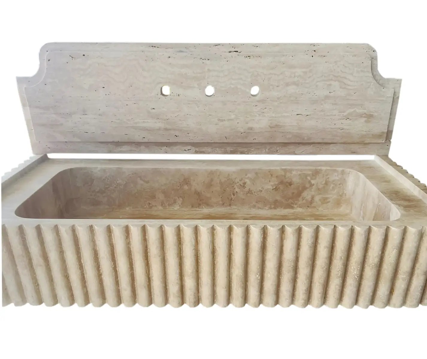 Oasis Beige Travertine wall-mount bathroom vanity sink by Villohome, fluted front, 16x36 inches.