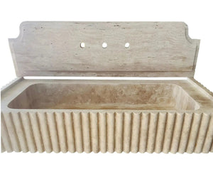Oasis Beige Travertine wall-mount bathroom vanity sink by Villohome, fluted front, 16x36 inches.
