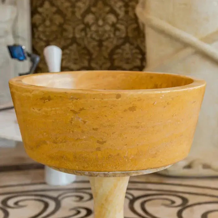Oasis Gold Travertine bathroom sink on a tapered pedestal, honed finish, Villohome