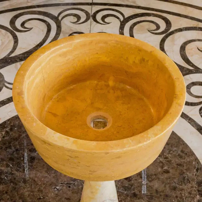 Oasis Gold travertine above-vanity bathroom sink bowl on pedestal, gold-toned honed natural stone