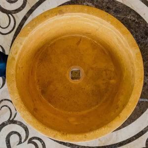 Villohome Oasis Gold travertine bathroom sink; round, honed finish with square drain hole.
