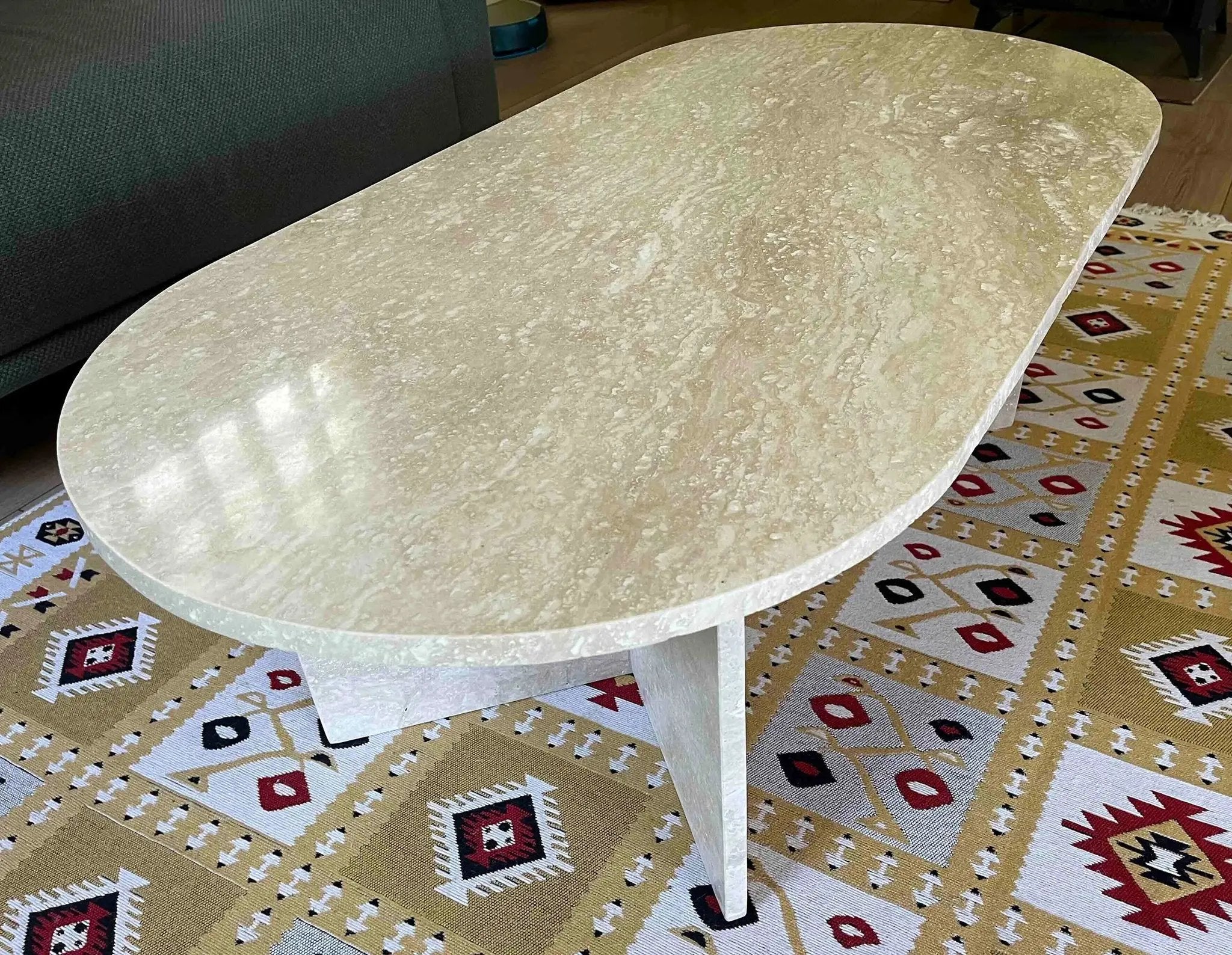 Troia Light Travertine oval coffee table by Villohome, filled and polished, 24 W x 48 L x 16 H