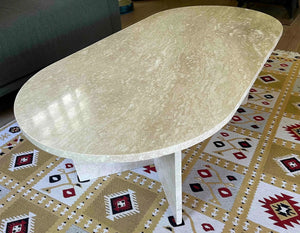Troia Light Travertine oval coffee table by Villohome, filled and polished, 24 W x 48 L x 16 H