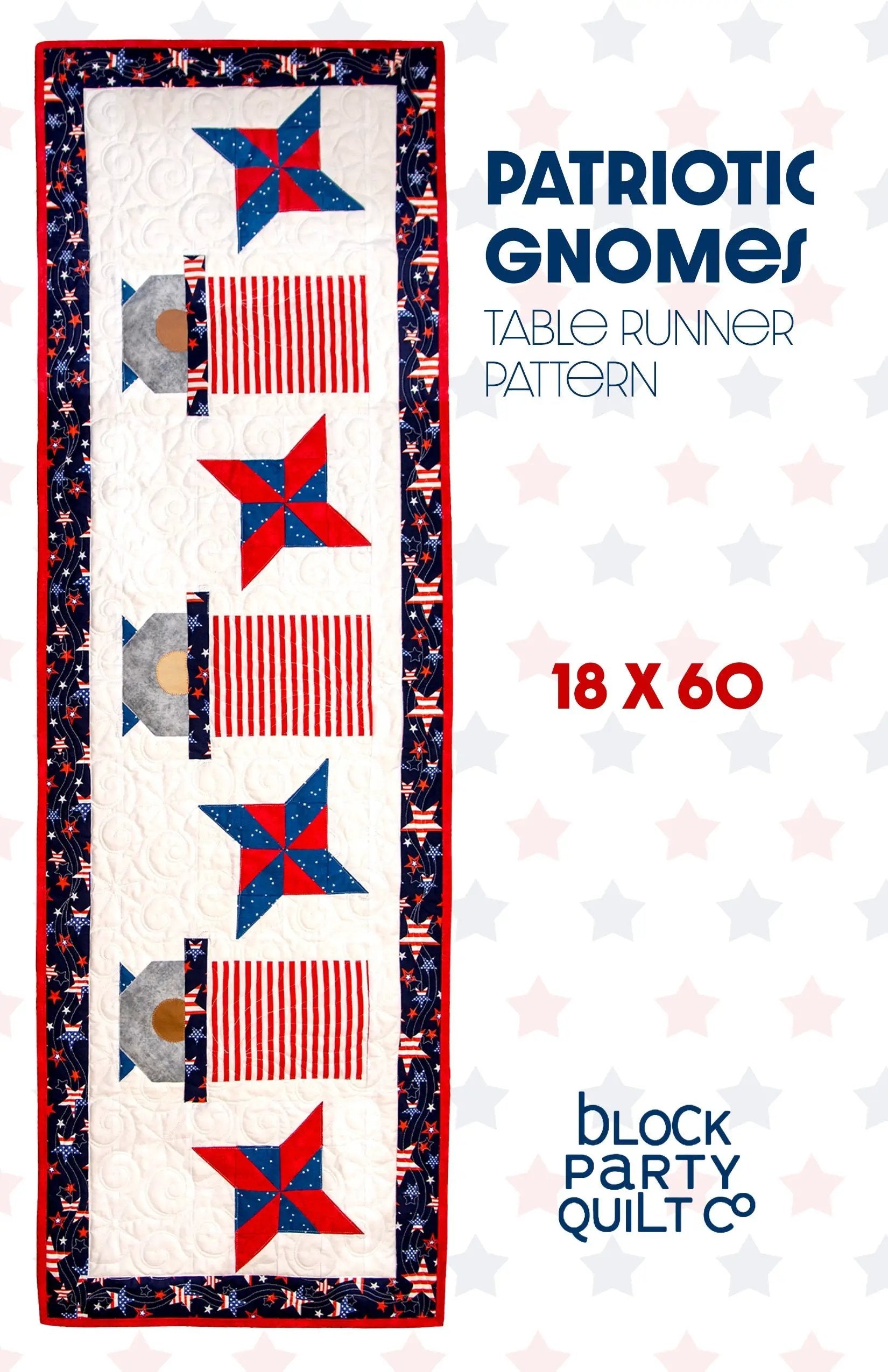 Pattern: Patriotic gnome table runner by Block Party Quilt Co; red, white, and blue patchwork with star-border blocks.