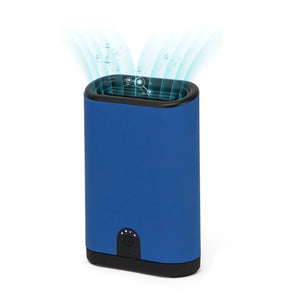 Portable ozone generator air purifier, blue cylindrical unit with black base.