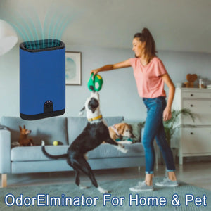 Portable blue ozone generator air purifier emitting ozone streams in a living room.