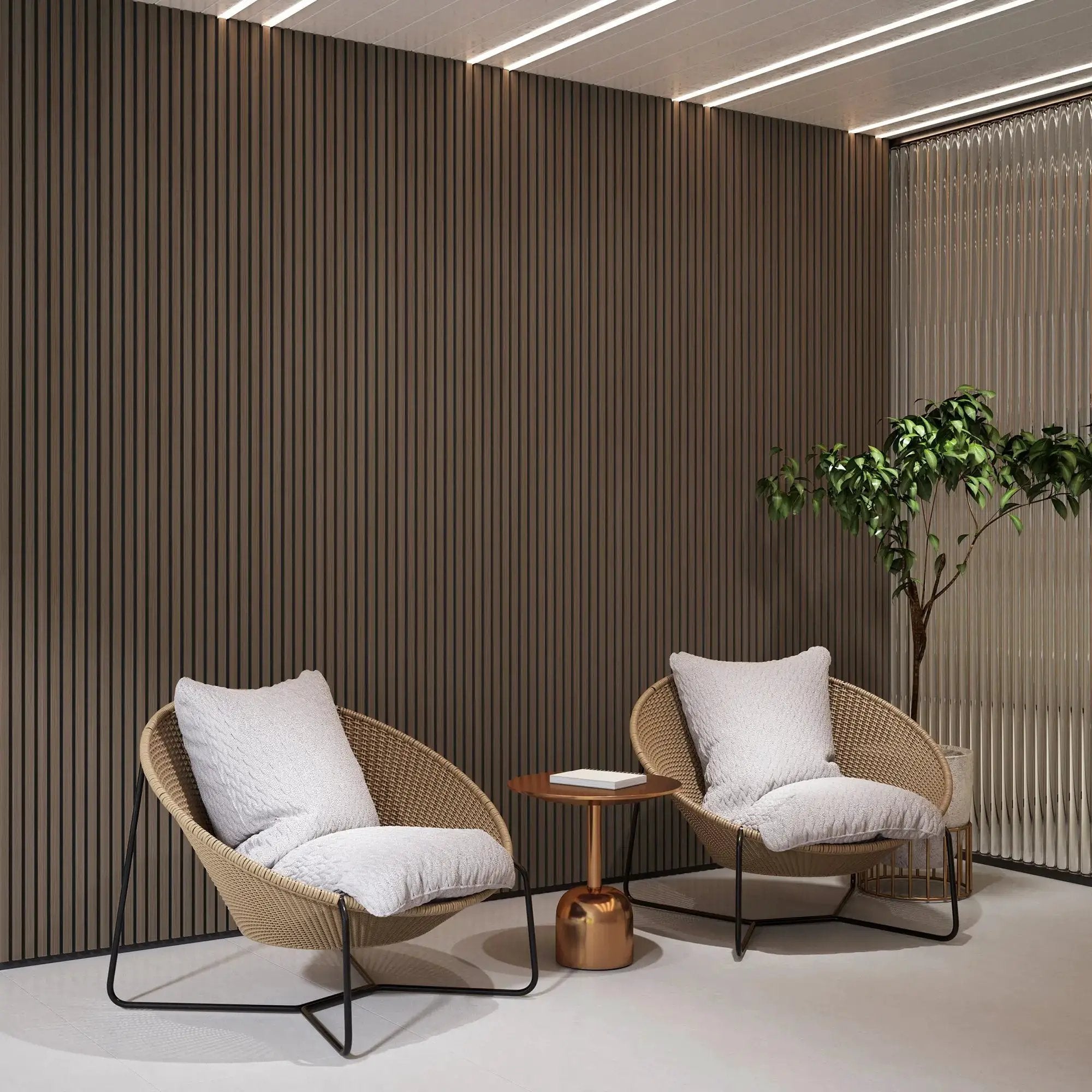 HAUSVITA Luxury Walnut Acoustic Solid Wood Wall Panels, 2-panel box with dark brown vertical slats.