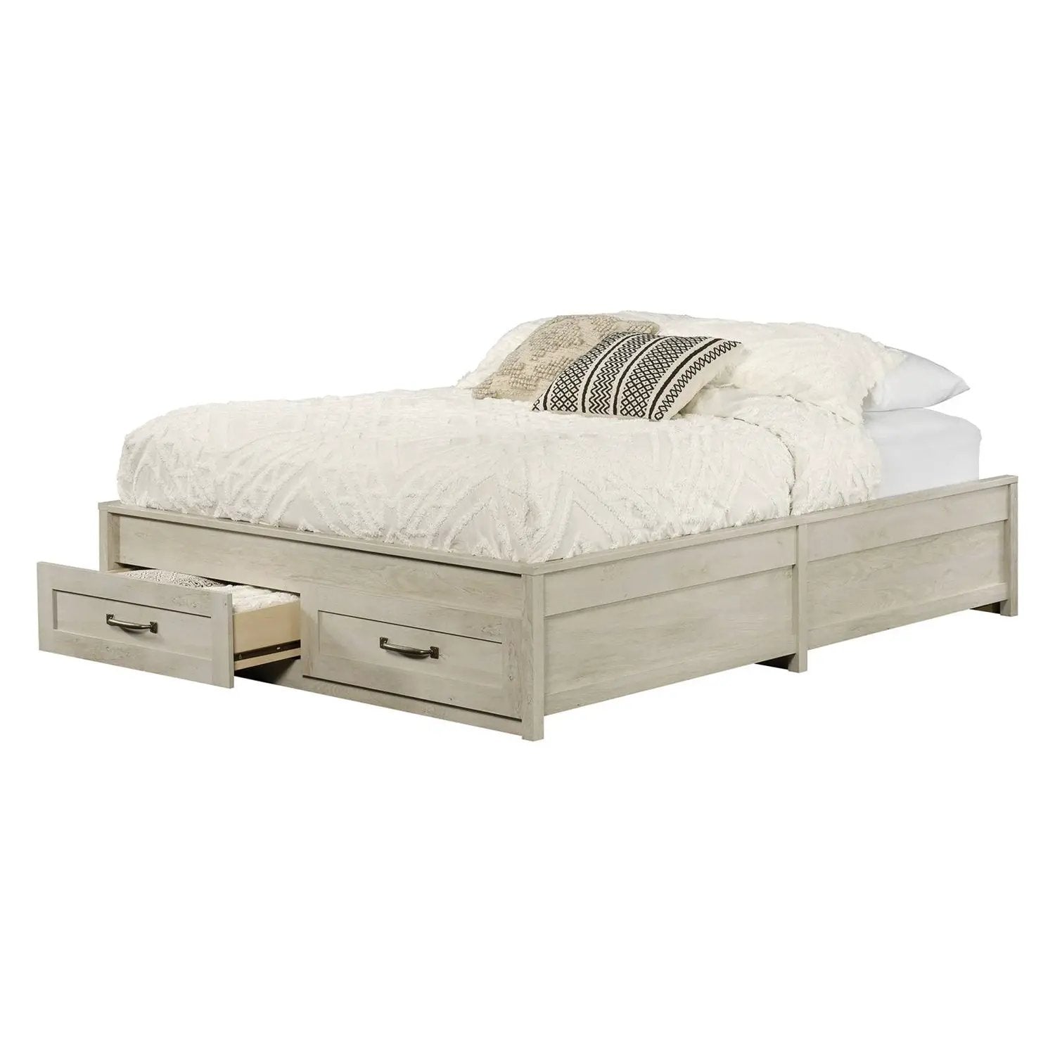 Queen Farmhome platform bed with two storage drawers in an off-white wood finish by HomePacific.