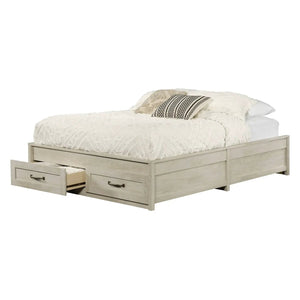 Queen Farmhome platform bed with two storage drawers in an off-white wood finish by HomePacific.