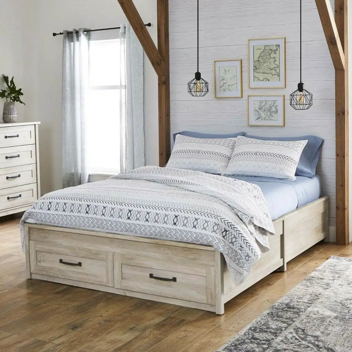 Queen Farmhome platform bed with storage drawers in off-white wood finish; bed and white dresser visible.