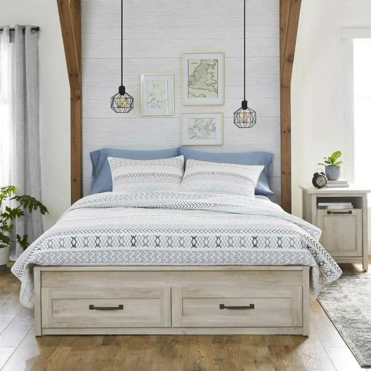Queen Farmhome Platform Bed with Storage Drawers in off-white wood finish; two large foot drawers.